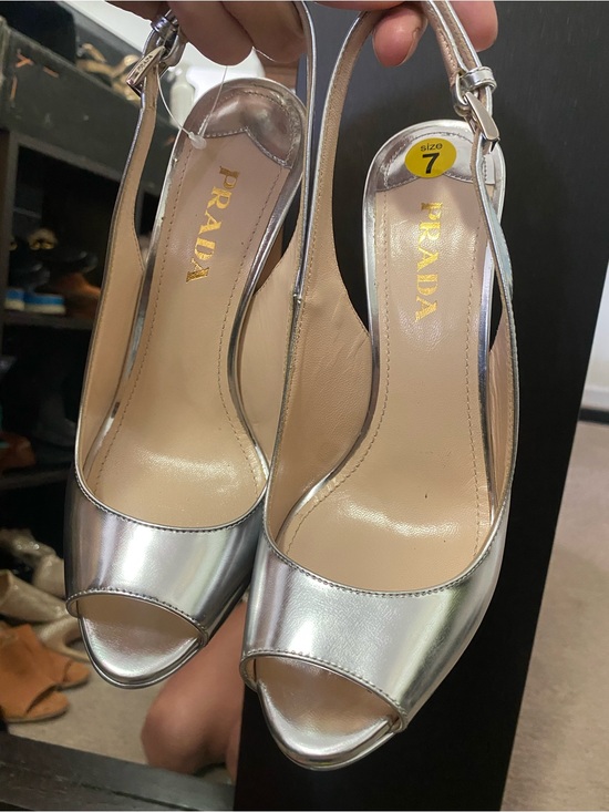 Prada Shoes - Prada Metallic Silver Peep-Toe Slingback Heels
